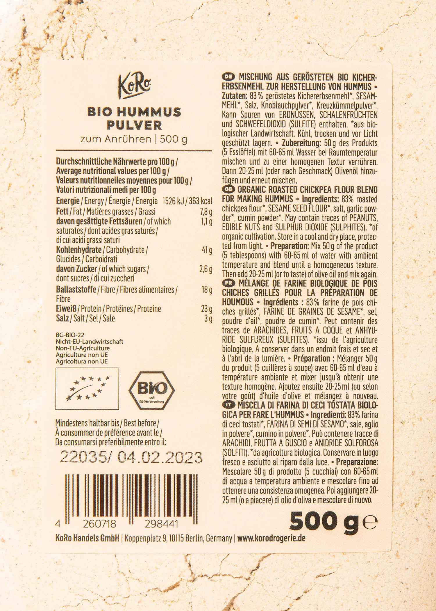 l' arrière d' une boîte de 500g de poudre de hummus bio