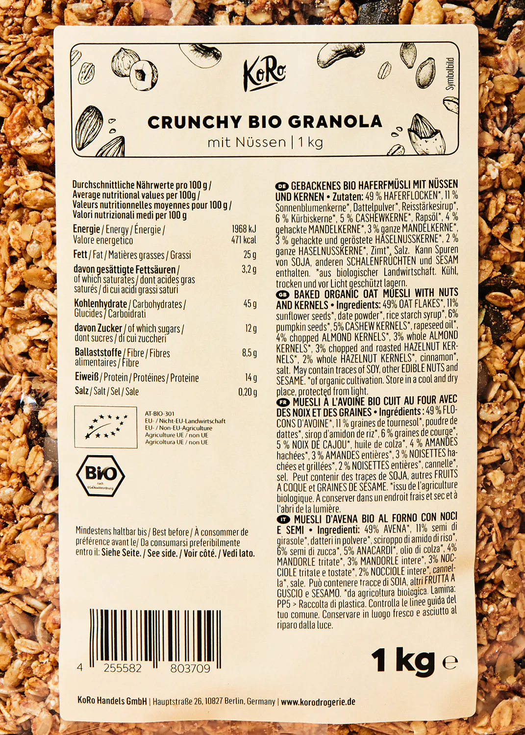 l' arrière de l' emballage d' un muesli bio crunchy