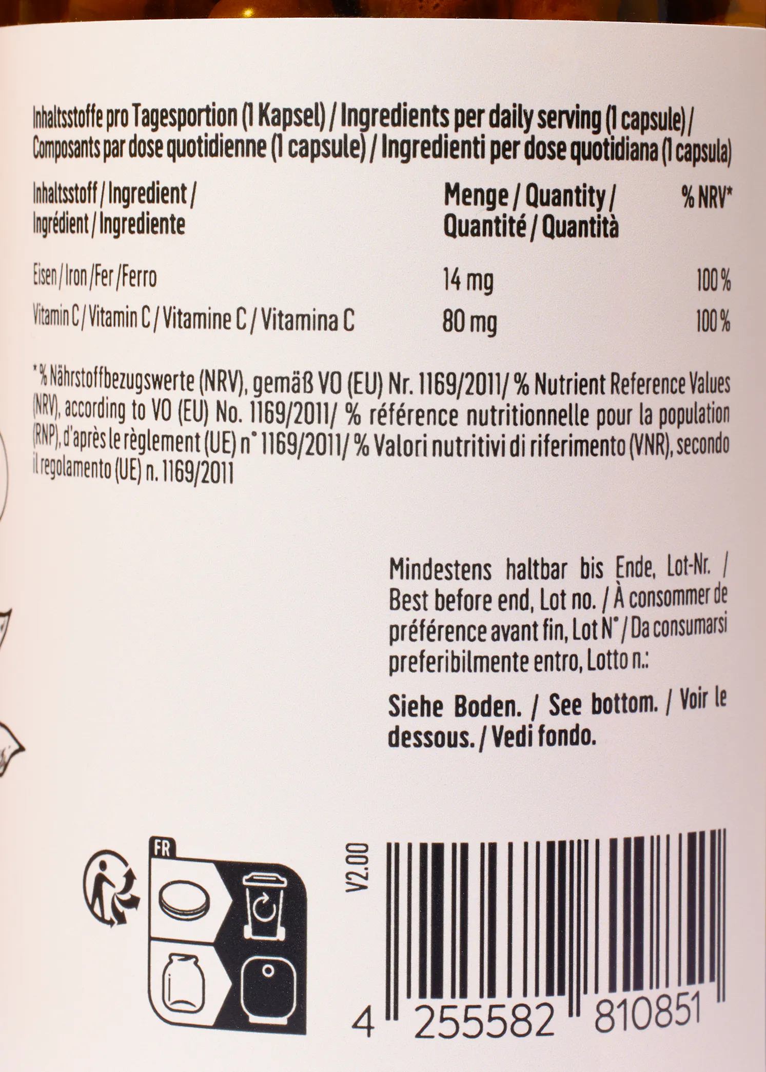 the back of a bottle of vitamin c contains the ingredients per daily serving