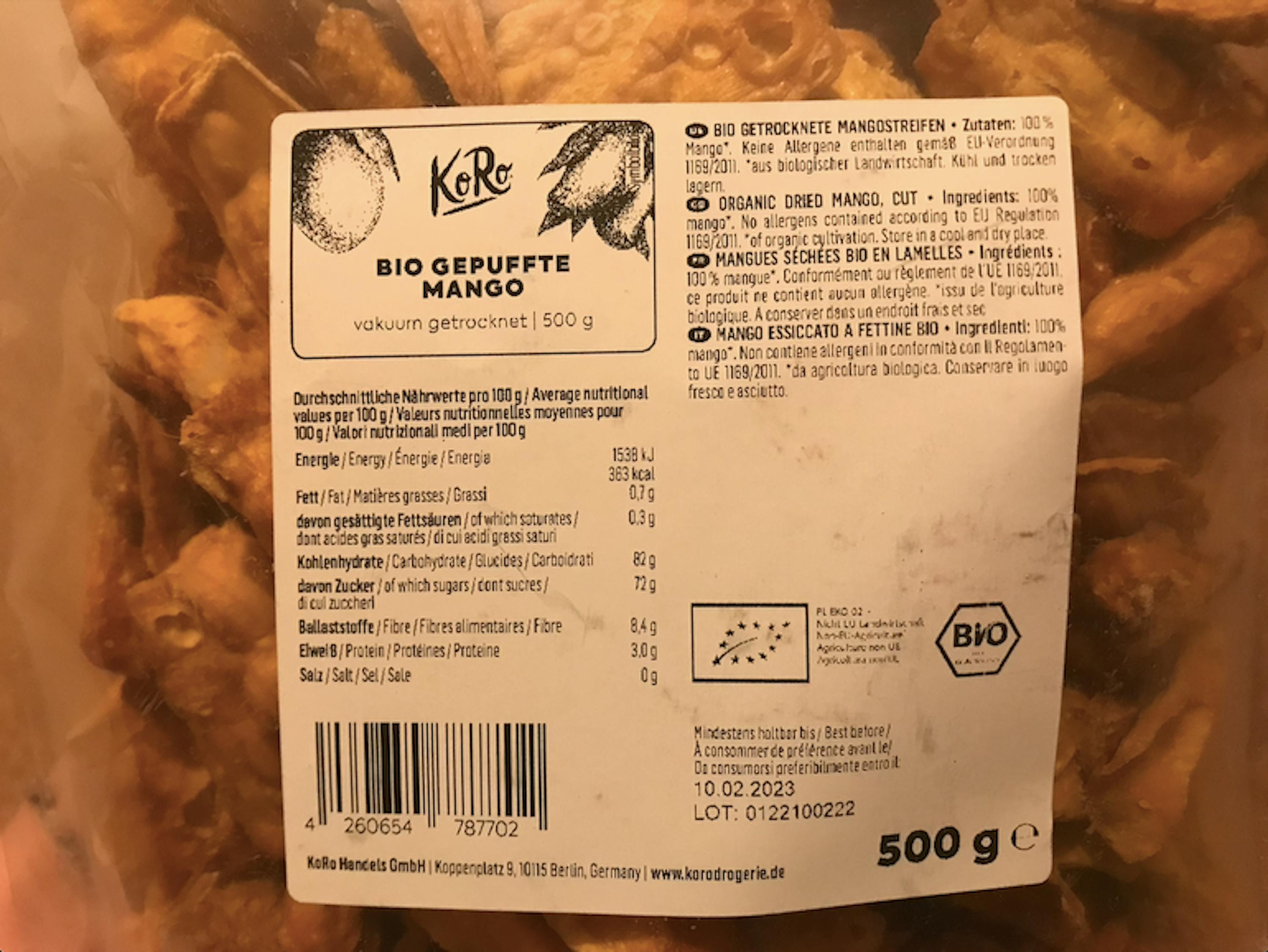 the back of a 500g container of bio gepuffte mango