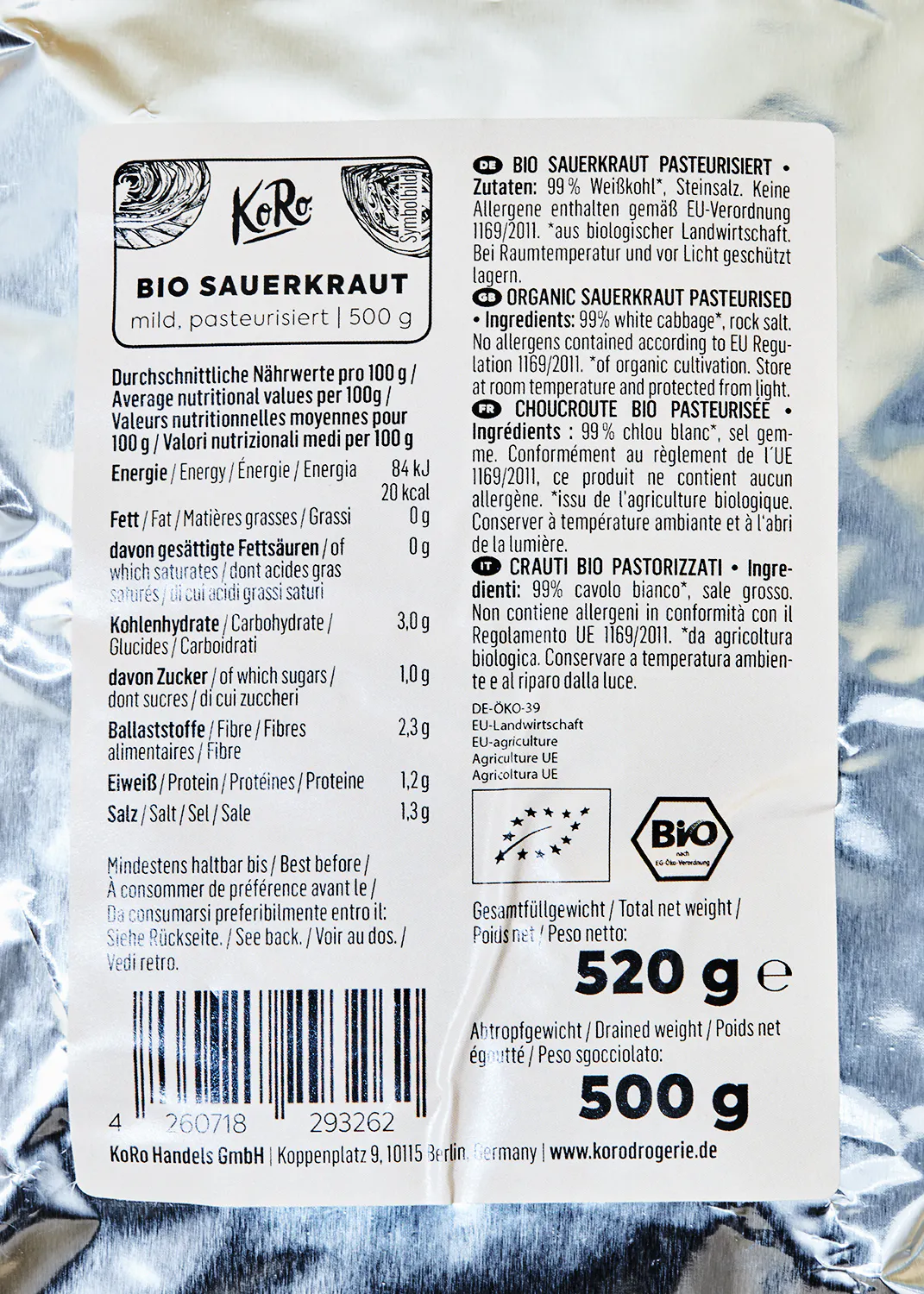 l' arrière d' une boîte de 500 g de sauerkraut bio