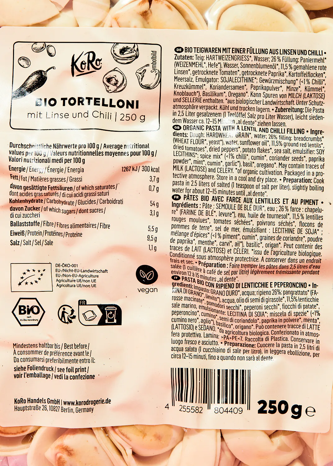 the back of a 250 g package of bio tortelloni