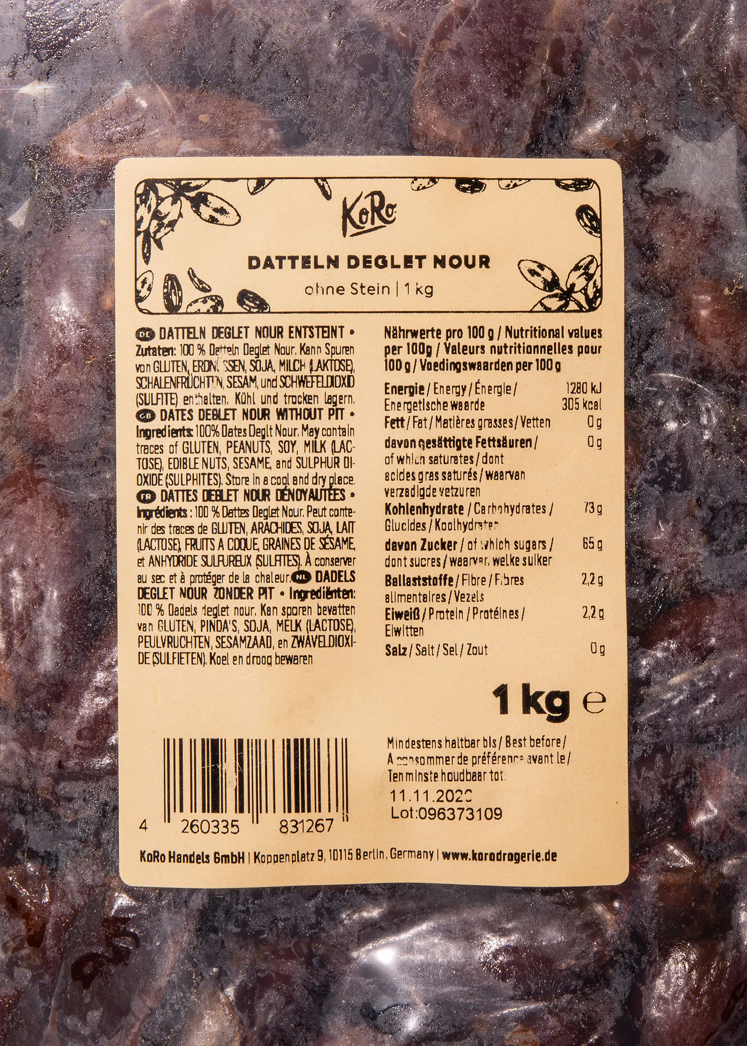 l' arrière de l' emballage d' un kg de datteln deglet nour