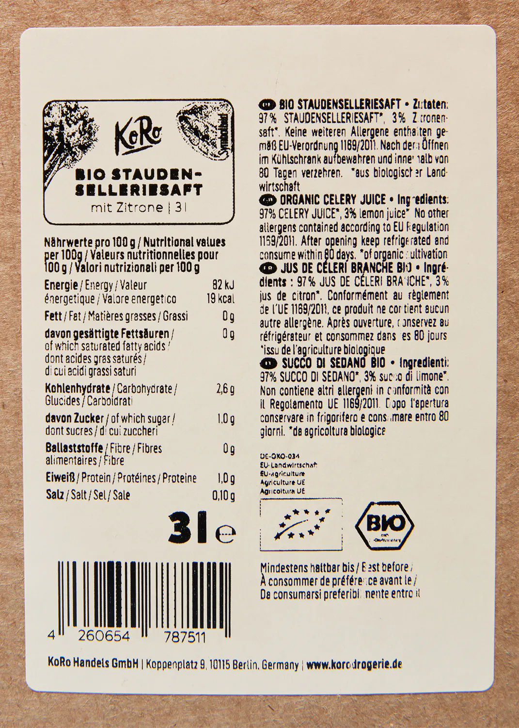 la etiqueta de un jugo de apio orgánico con un código de barras