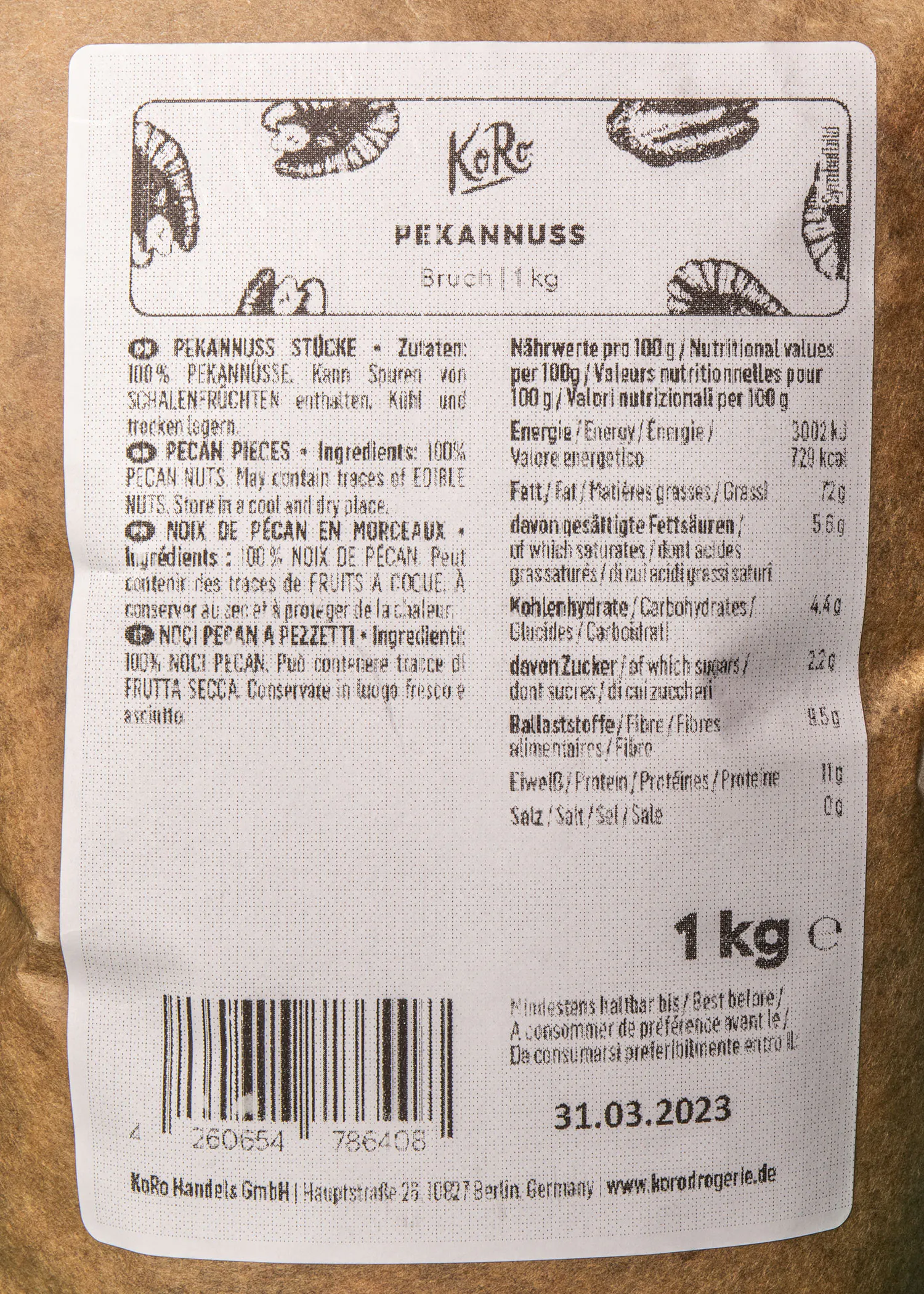 une étiquette de noix de pécan de 1 kg