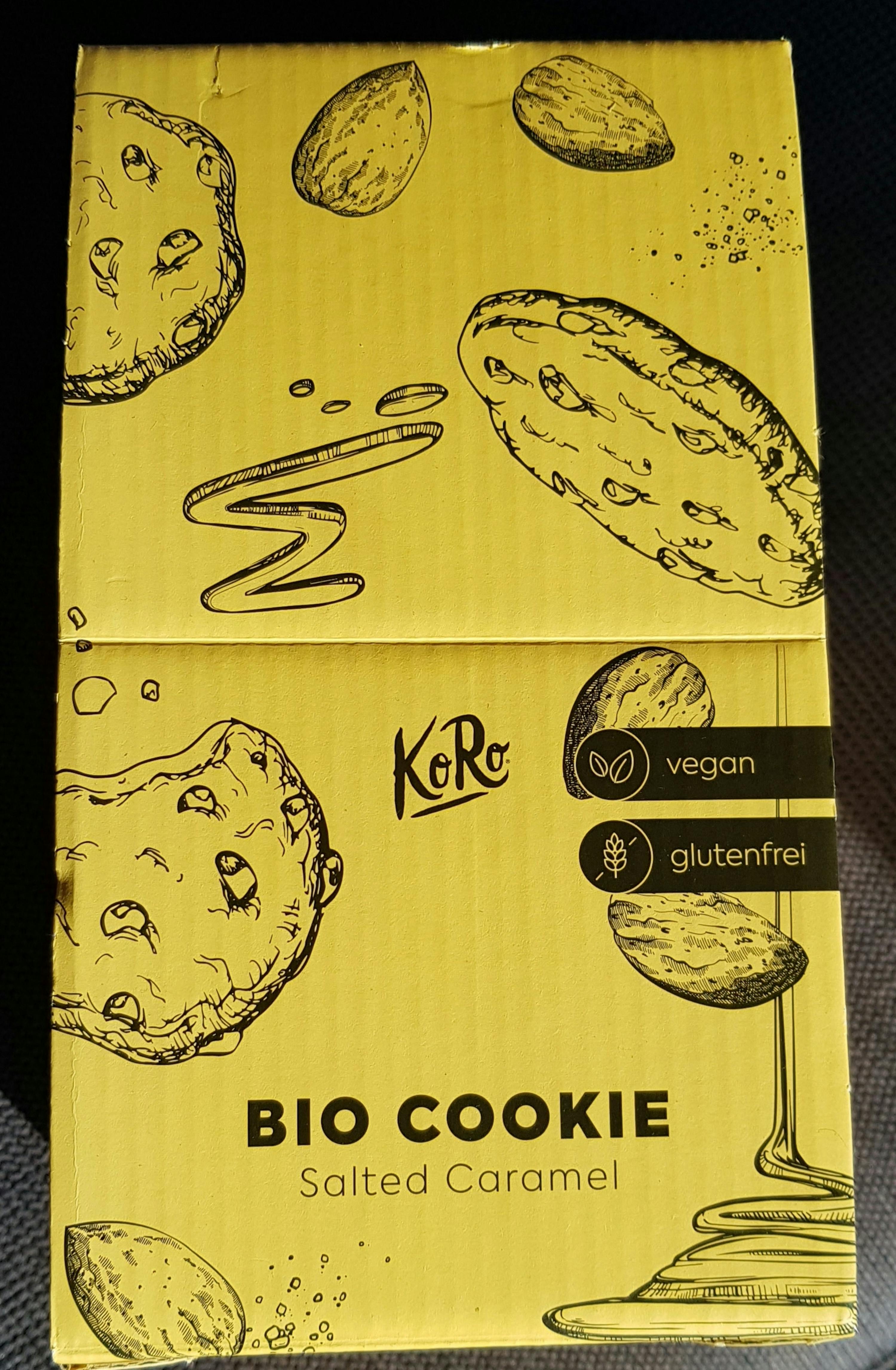 a box of bio cookie salted caramel has a drawing of a cookie on it