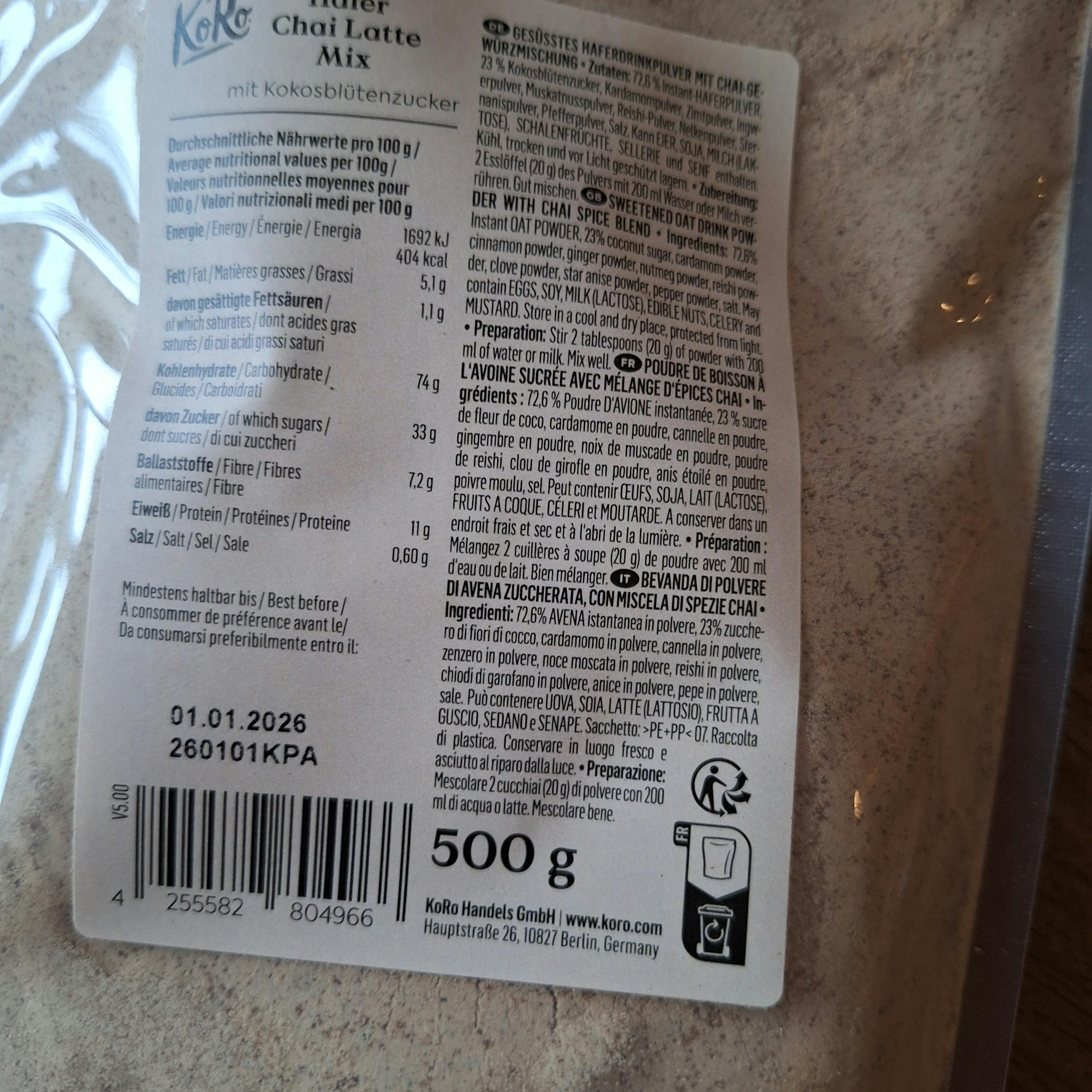 l' arrière d' un sac de 500 g de mélange au chocolat