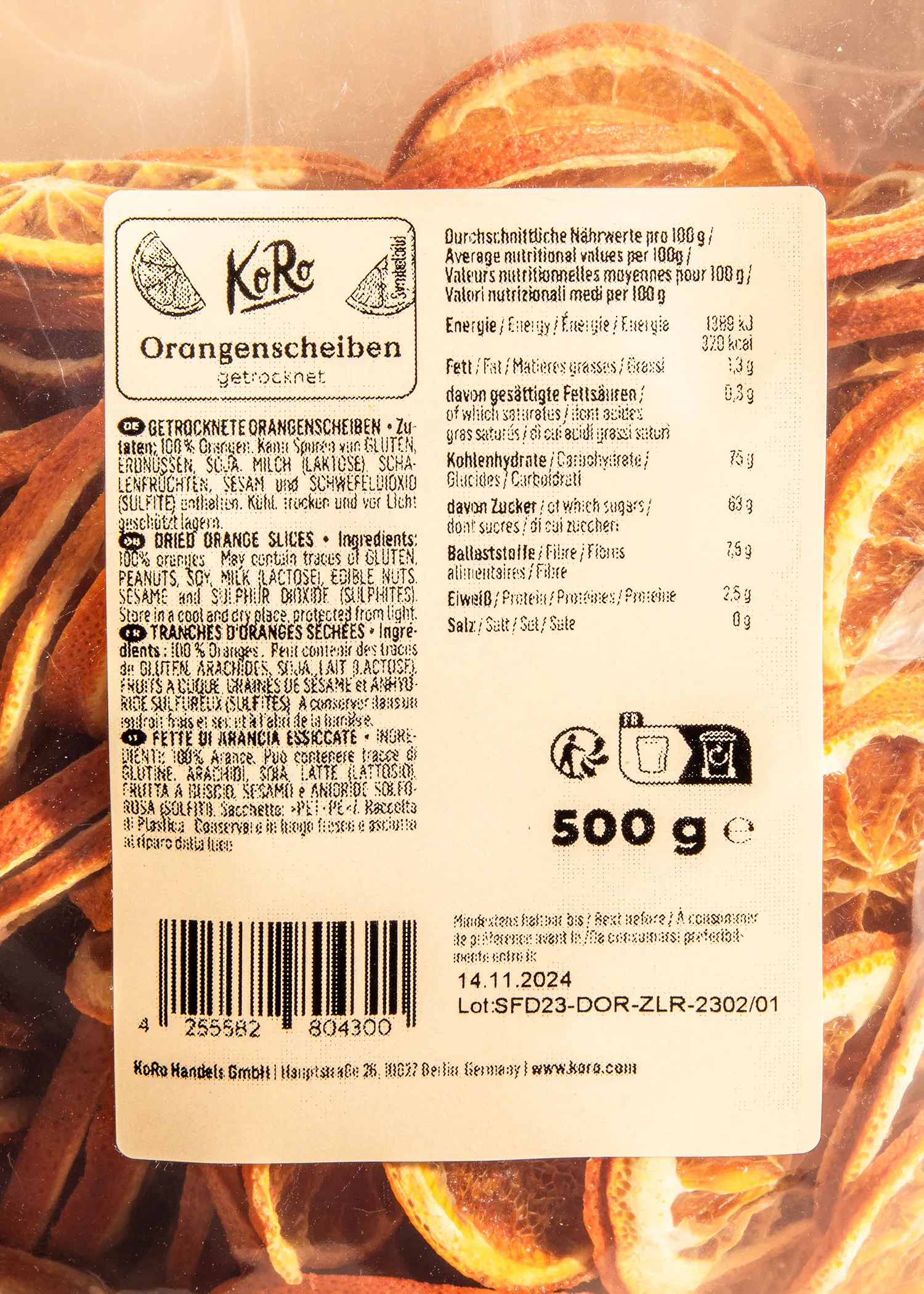 l' arrière d' un sac d' oranges séchées avec une étiquette de 500 g