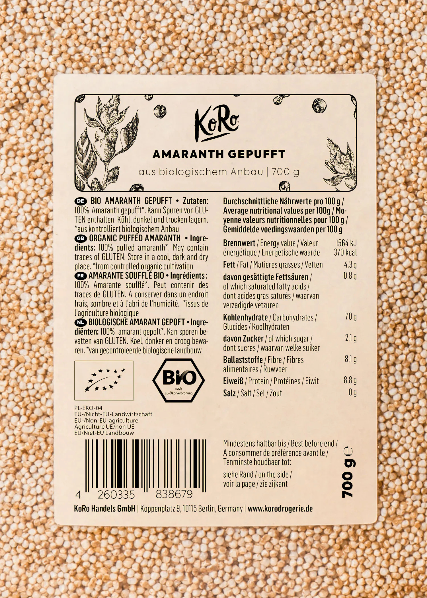 l' arrière de l' emballage d' amaranth gepufft