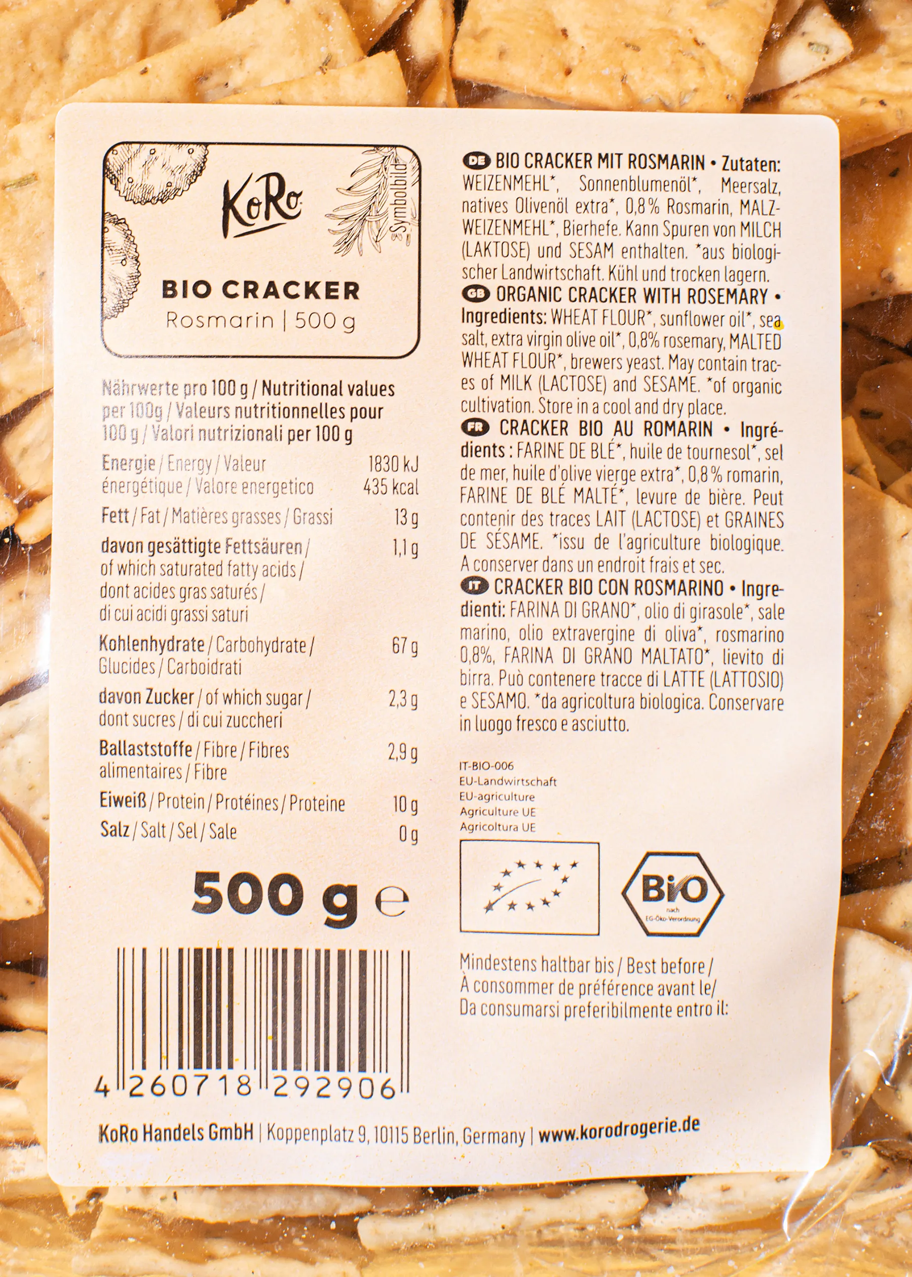 the back of a package of bio crackers with rosemary