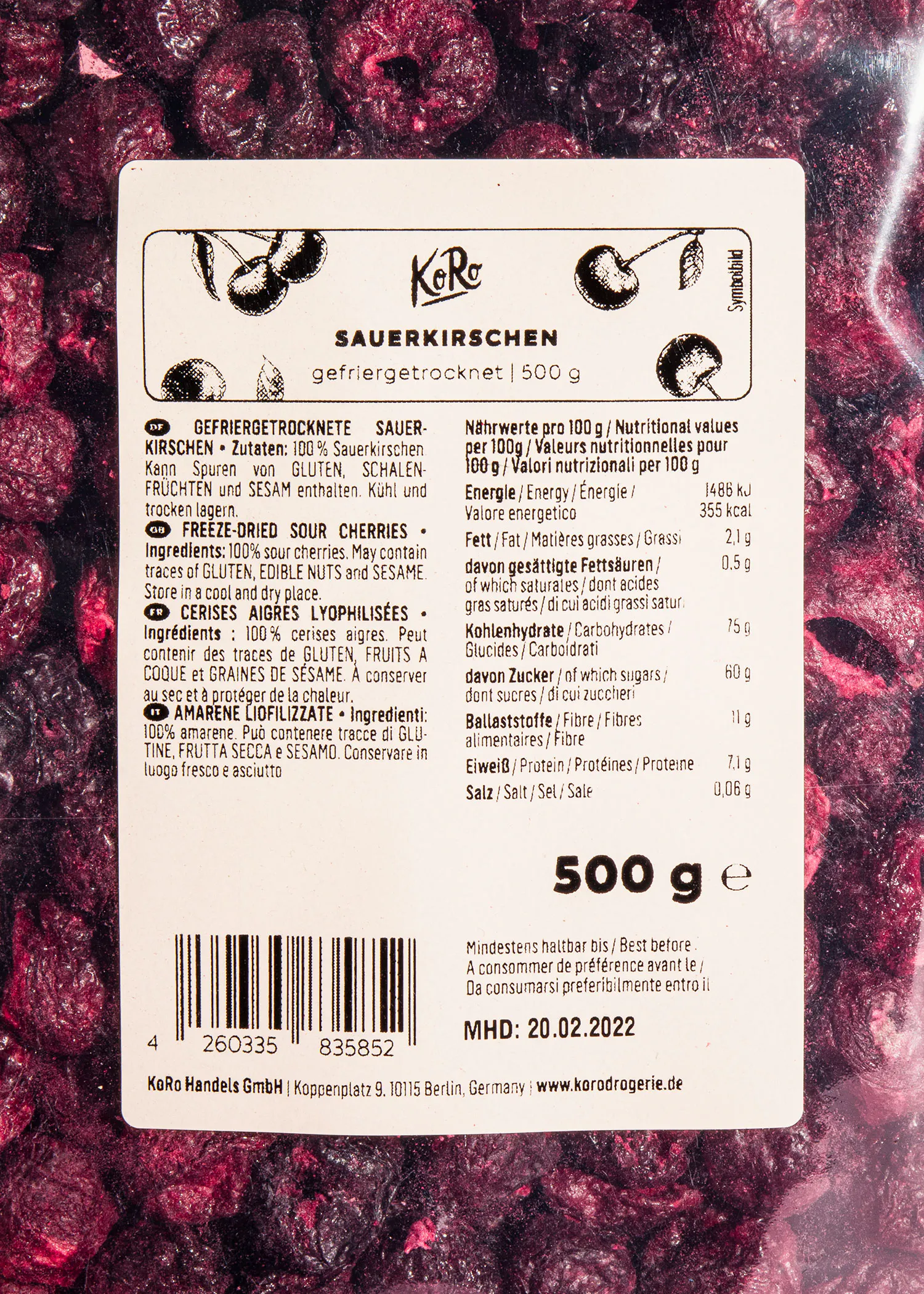 the back of a 500 g bag of sauerkirschen