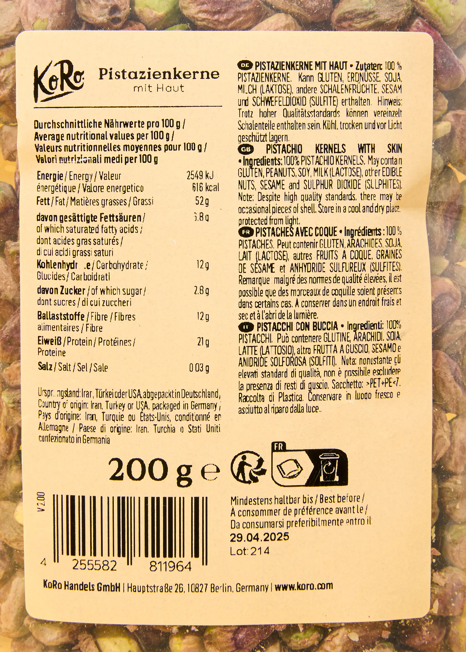 the back of a package of 200 grams of pistachio kernels