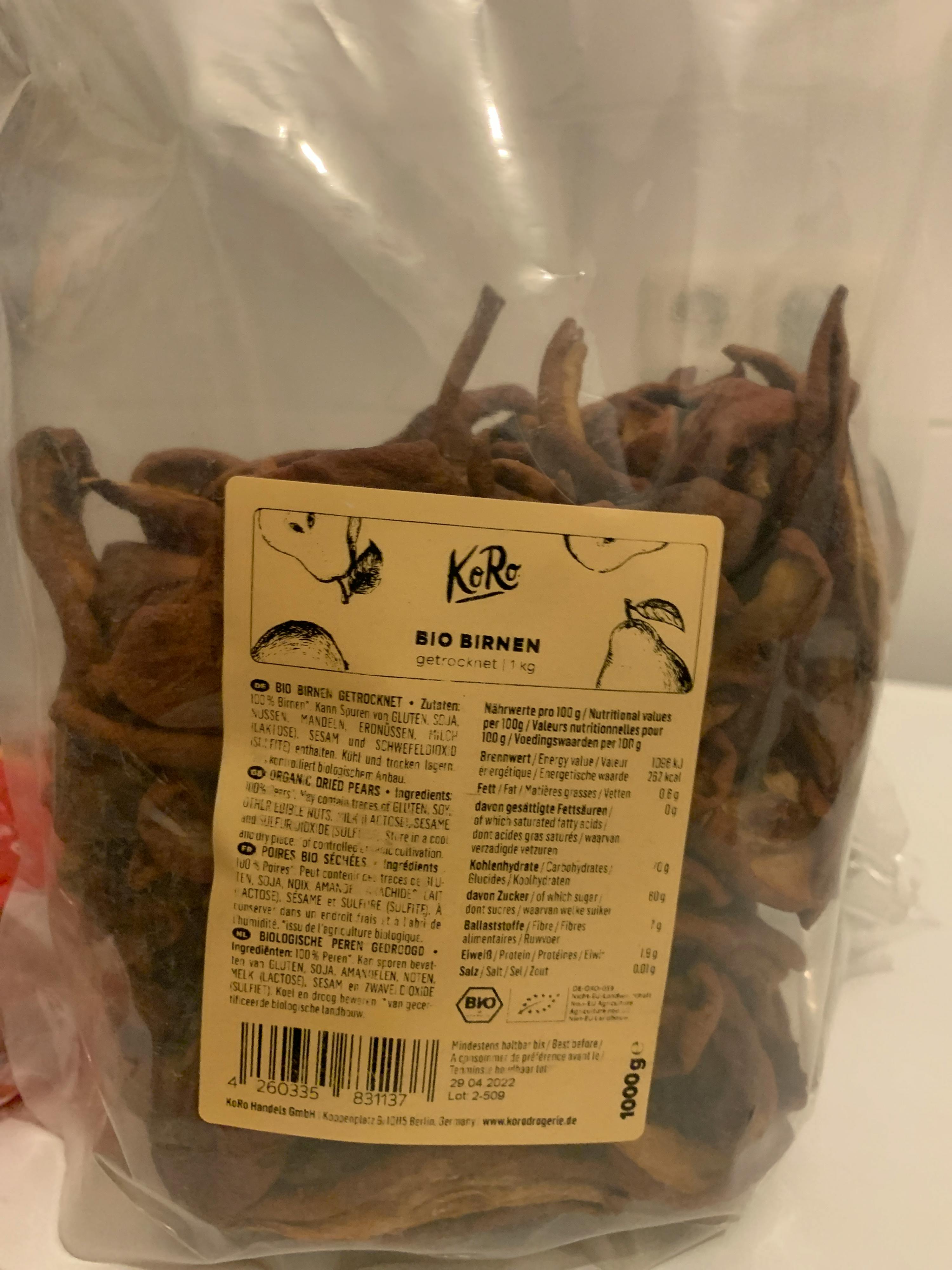 the back of a package of bio birnen shows the ingredients