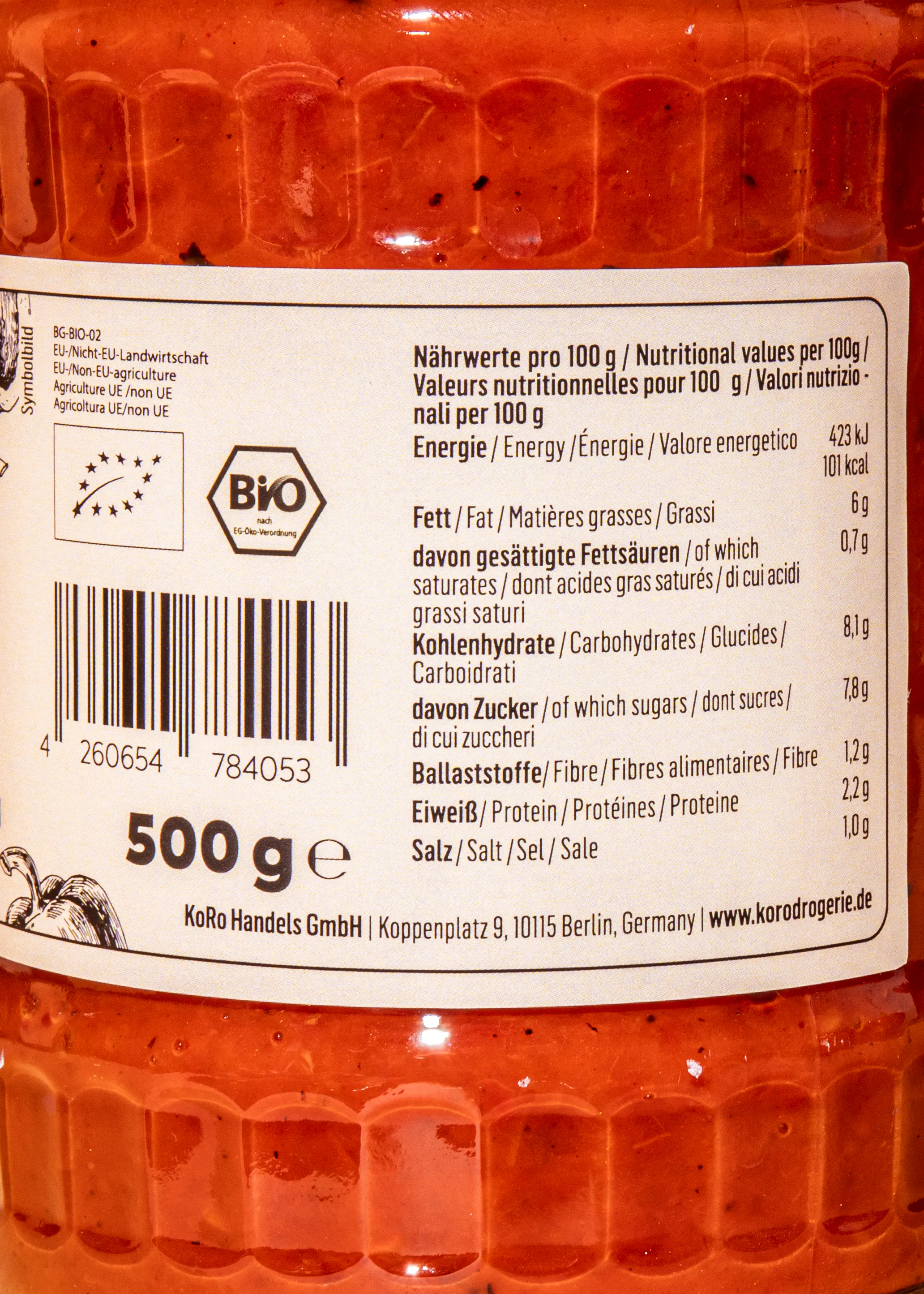 eine Nahaufnahme der Rückseite eines 500g-Produkts