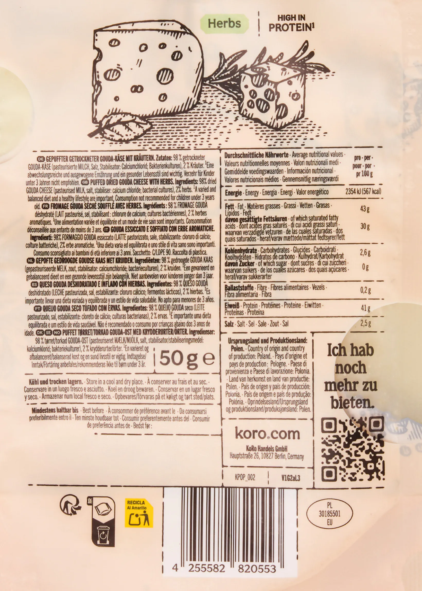 the back of a koro brand puffed dried gouda cheese package with herbs, displaying nutritional information, ingredients, and company details in multiple languages.