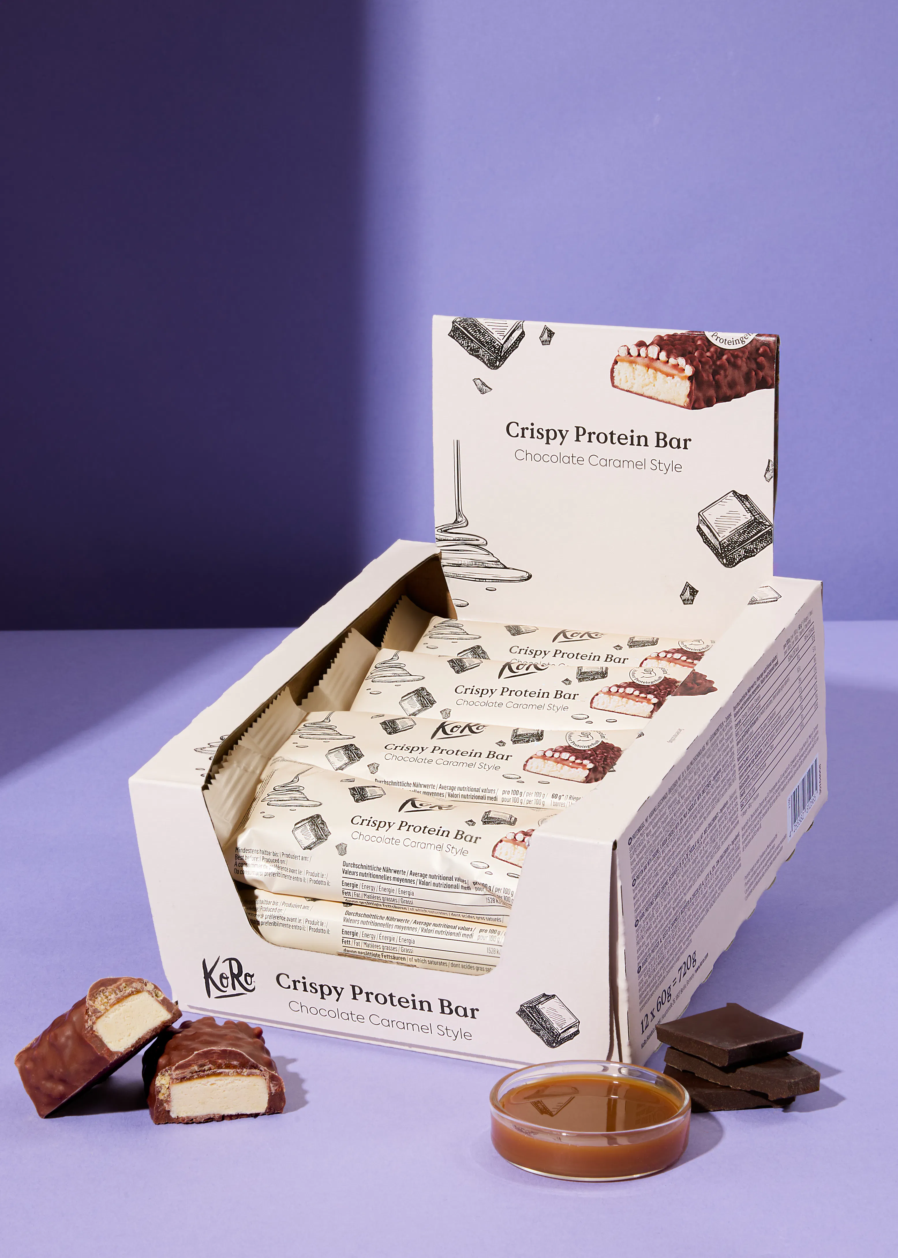 a box of crispy protein bar chocolate caramel style