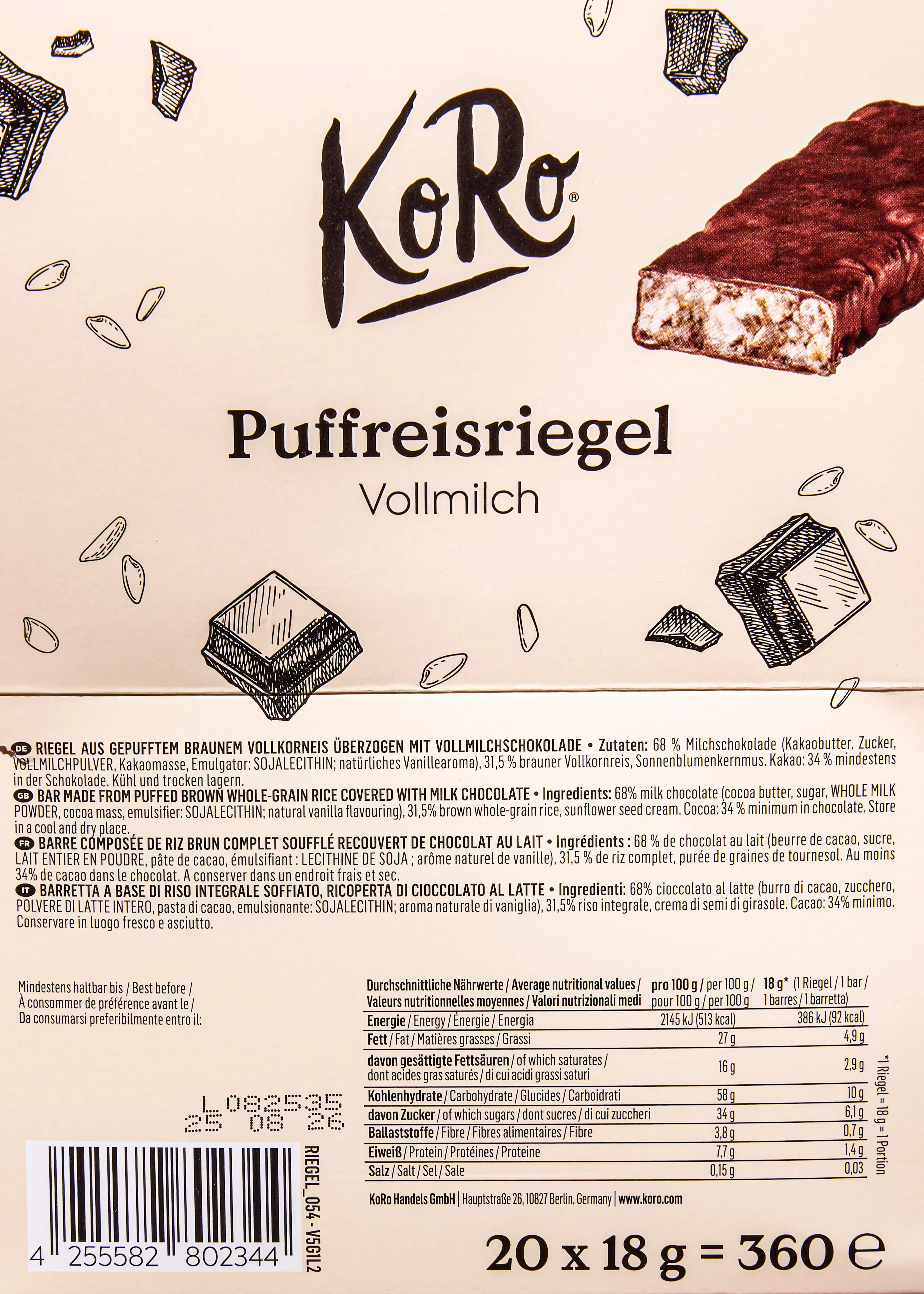 verpackung eines koro puffreisriegels vollmilch mit einem bild des riegels und zutateninformationen.