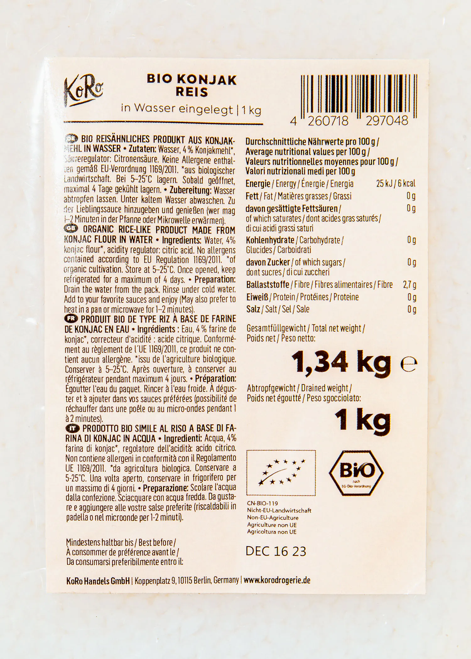 die Rückseite eines Bio-Konjakreis-Produkts