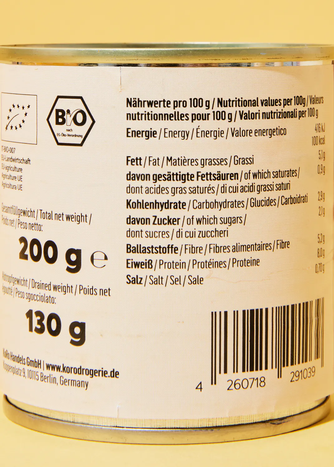 the back of a can of food shows the nutritional values per 100 g