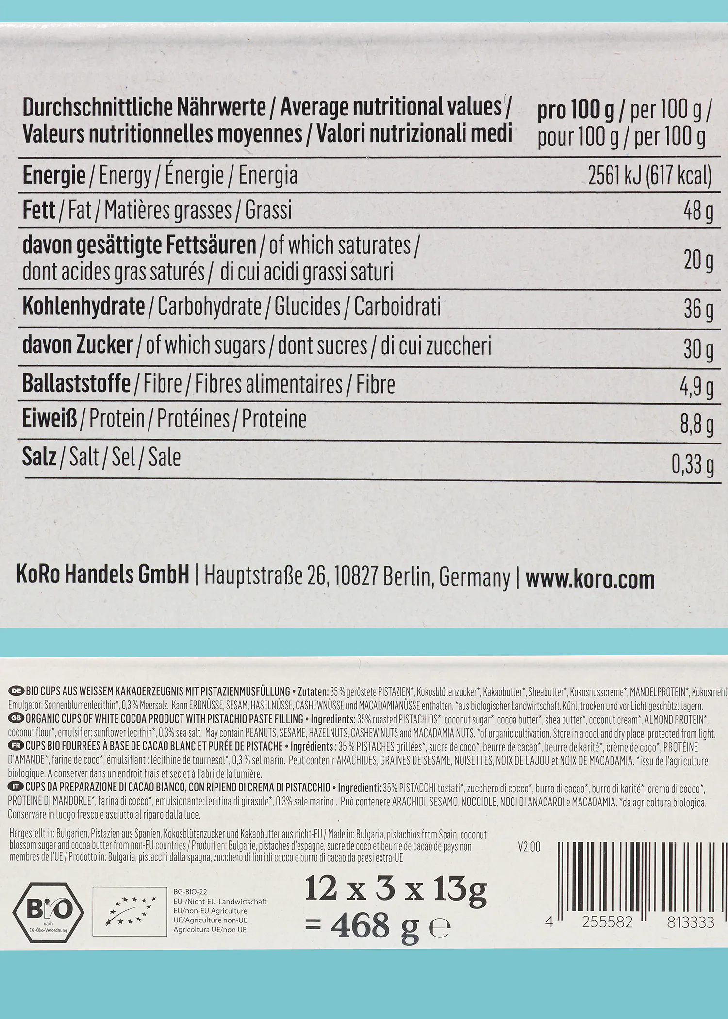 die Rückseite einer verpackten Schokolade zeigt die Nährwerte