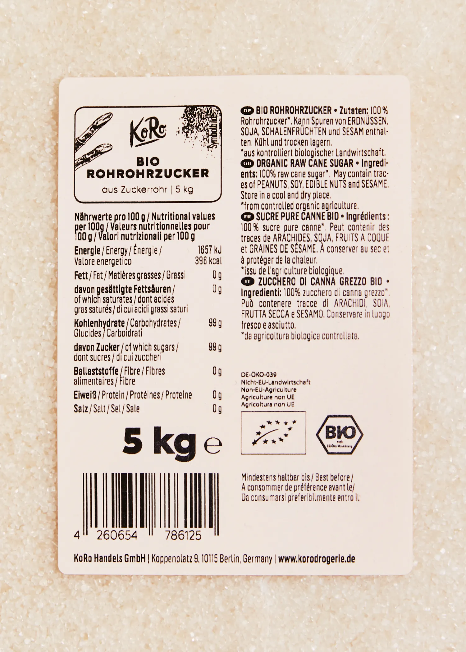 die Rückseite eines 5-kg-Rohrohrzuckeretiketts