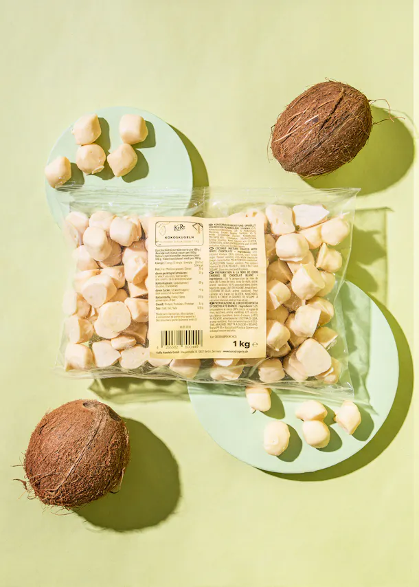 a bag of coconuts is sitting on a table