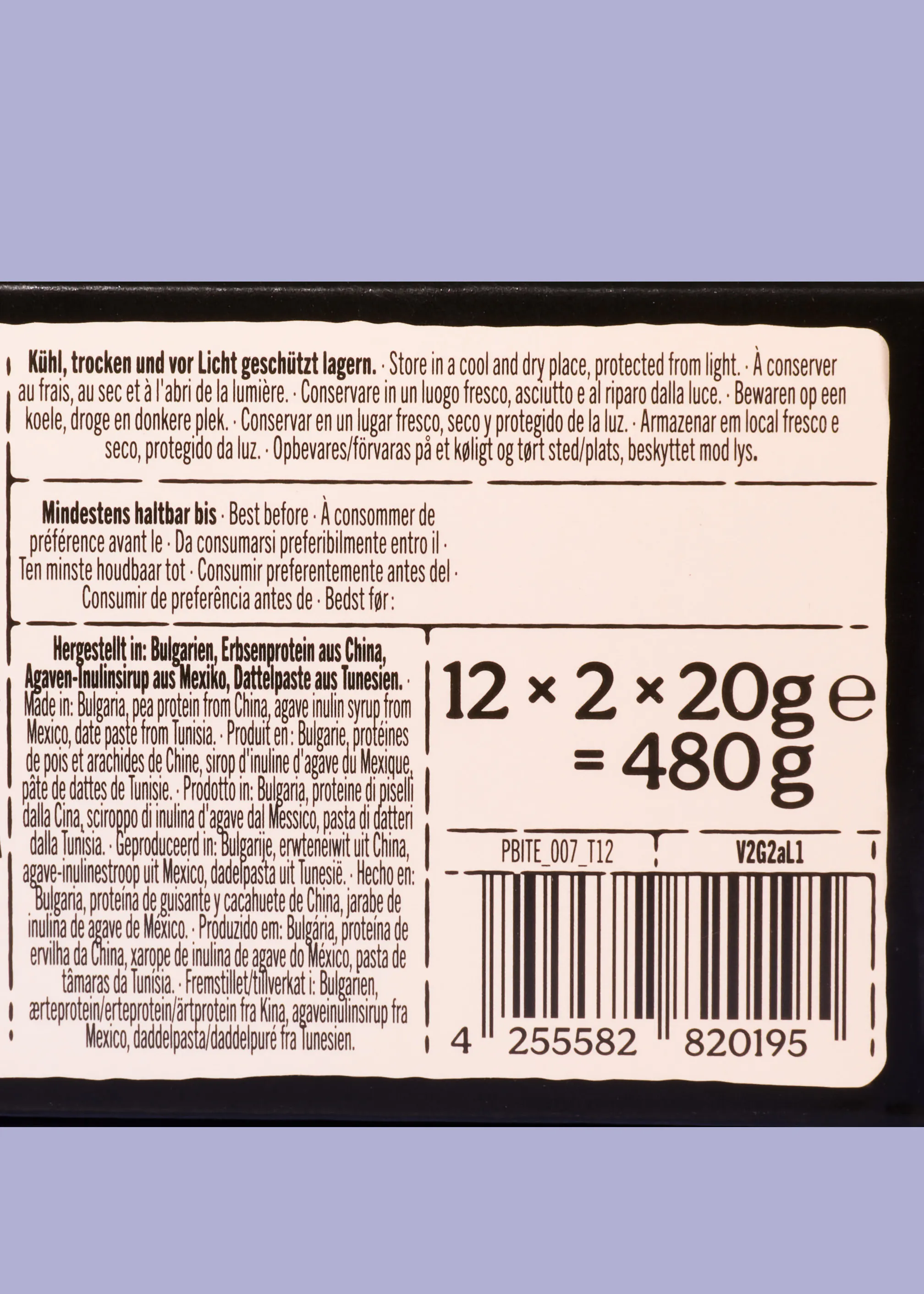 die rückseite einer lebensmittelverpackung mit lagerungshinweisen, herkunftsangaben der zutaten, einer gesamtmenge von 480 gramm und einem strichcode.