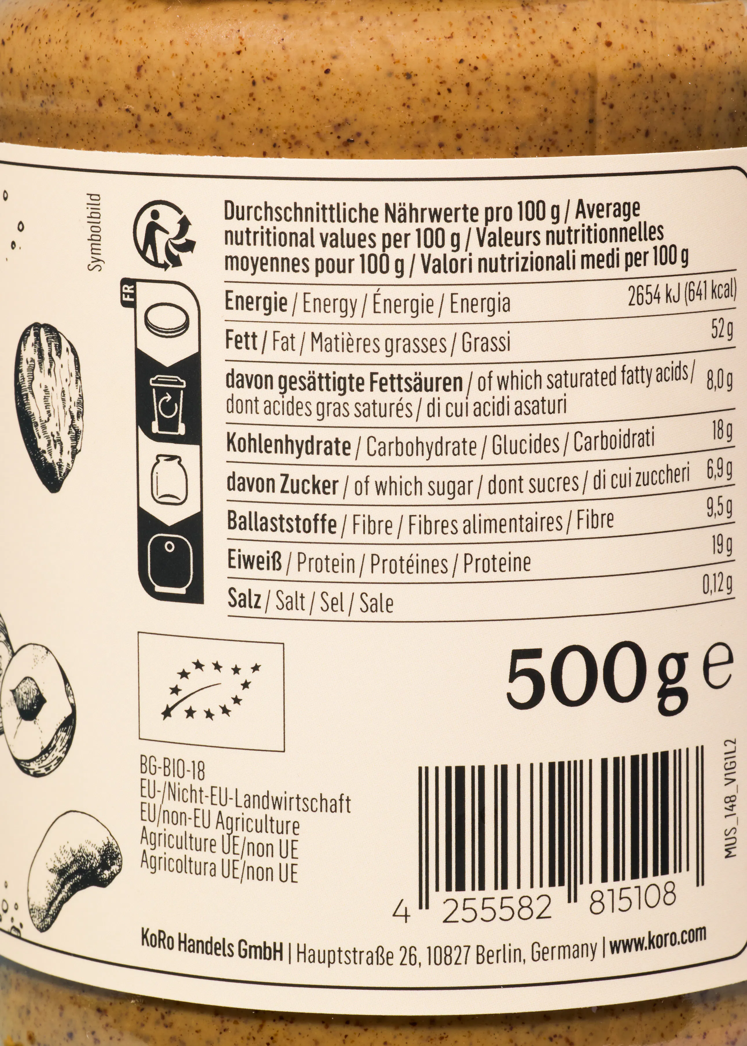 a 500g bottle of peanut butter has a nutritional label