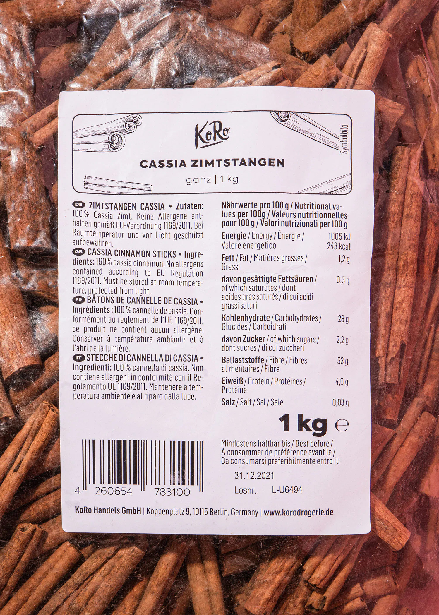 a package of cinnamon sticks with a label that says " cassia zimtstangen "