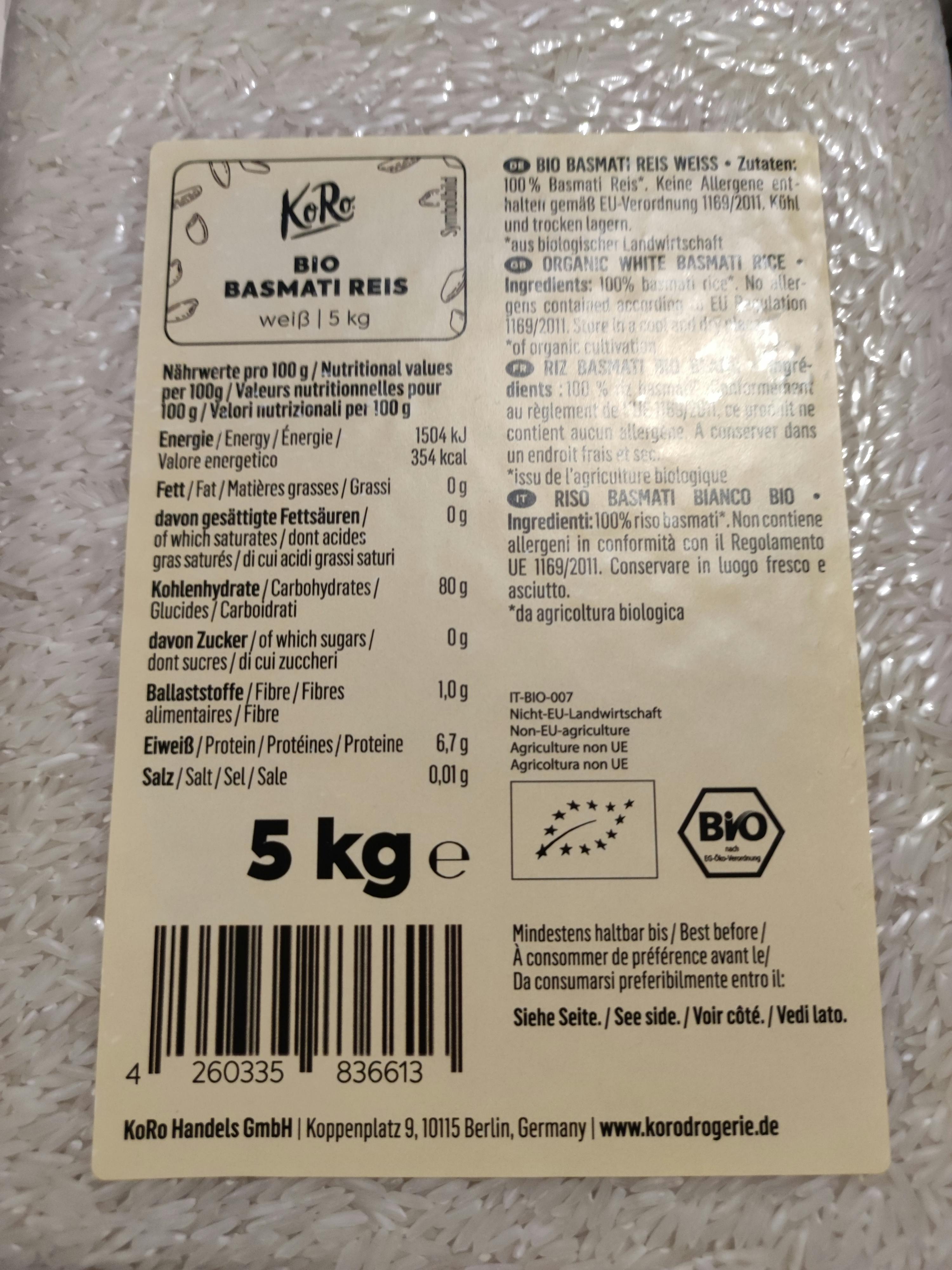 a label for a 5 kg container of basmati rice