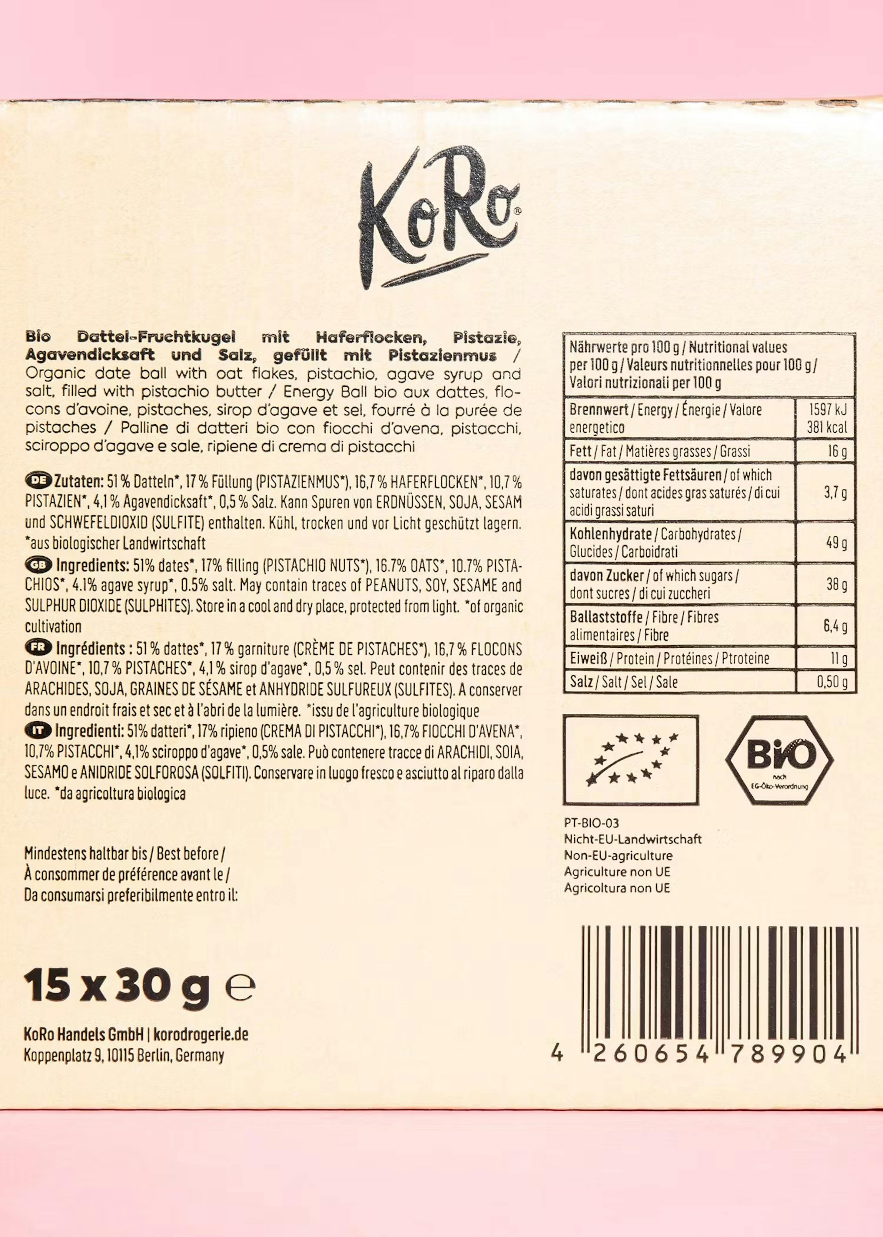 die Rückseite eines Koro-Produkts zeigt die Nährwertangaben