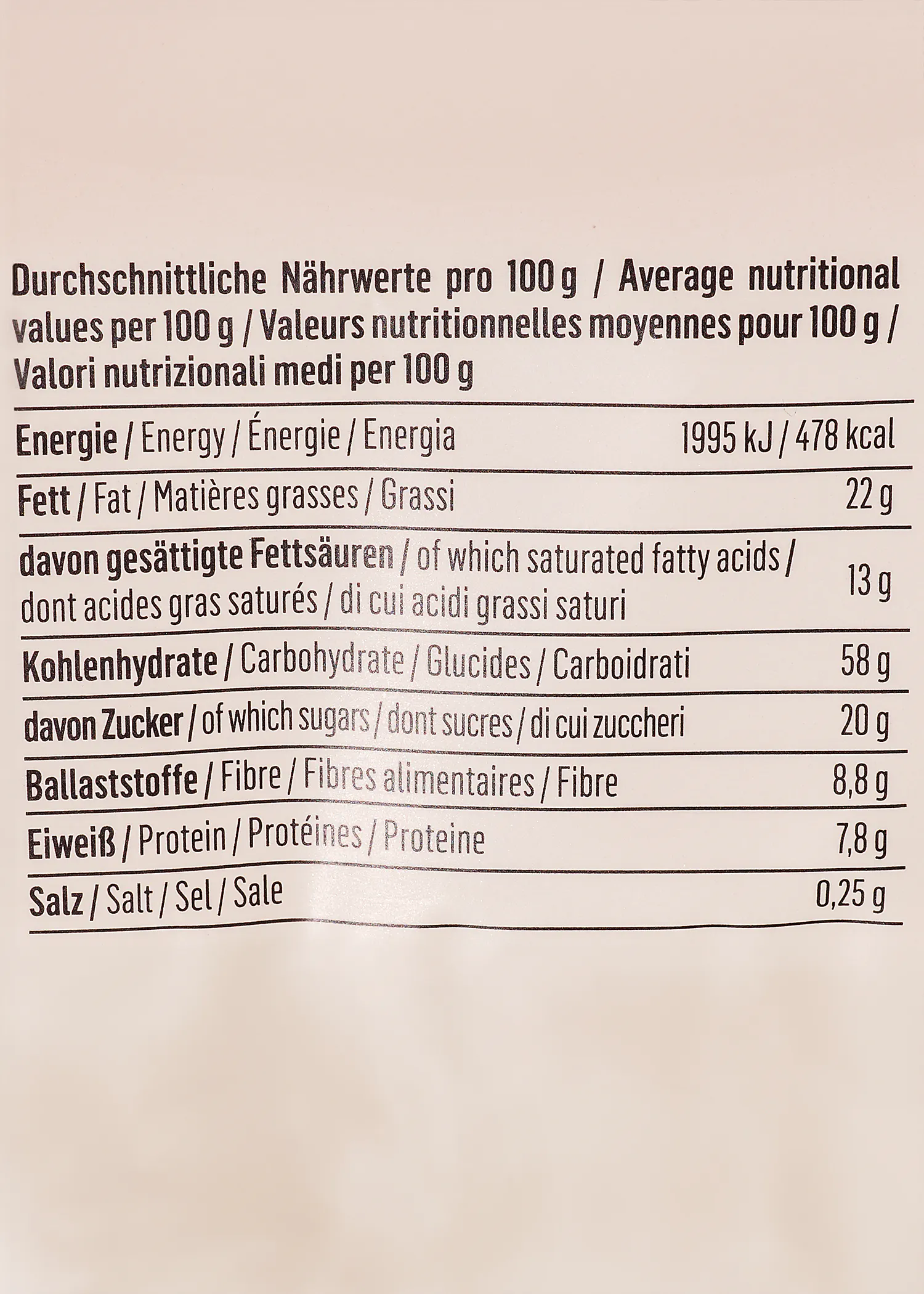 une étiquette de nourriture avec des valeurs nutritionnelles moyennes pour 100 g