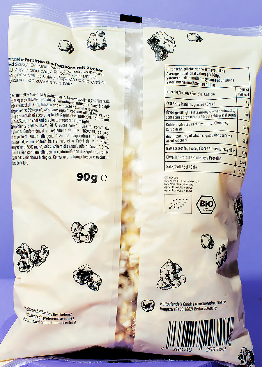 l' arrière d' un sac de pop-corn bio