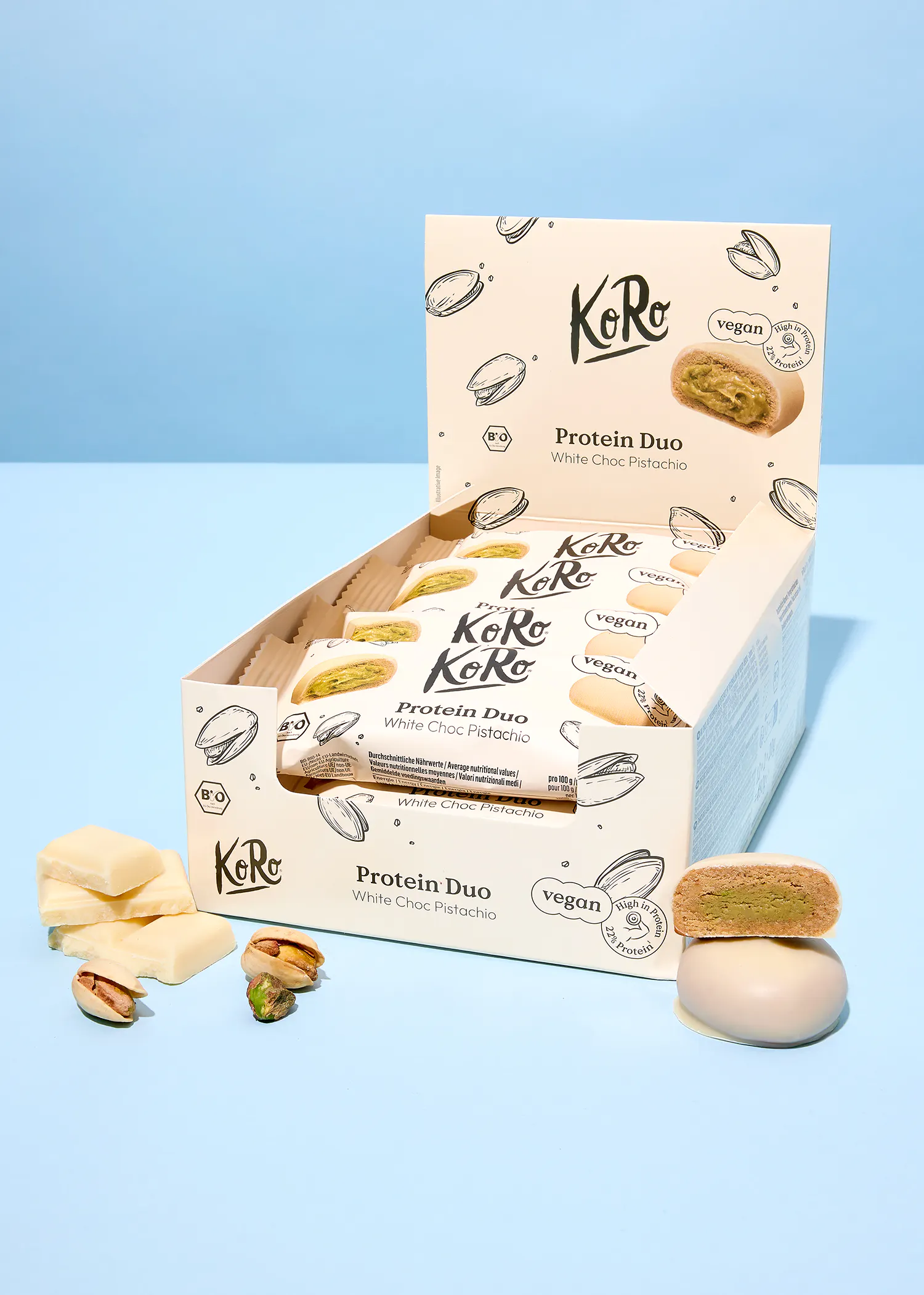 eine verpackte Reihe von koko protein duo weiße Schokolade pistacchio