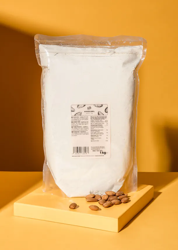 a bag of almond flour sits on a yellow table