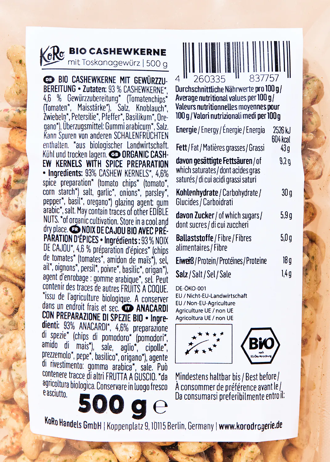 l' arrière de l' emballage d' un 500g de noix de cajou bio