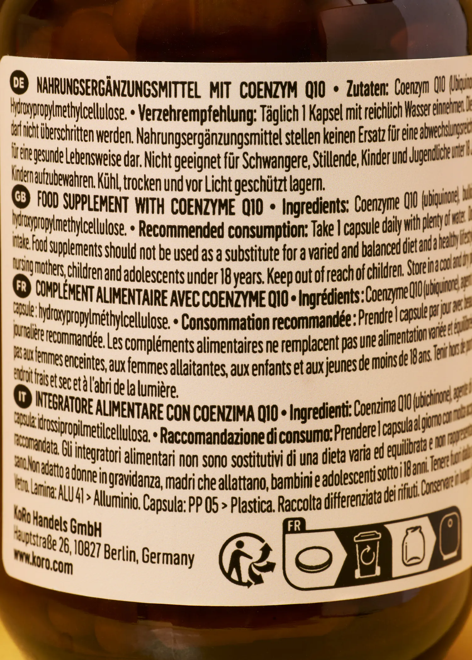 a bottle of food supplement with coenzyme q10 from germany