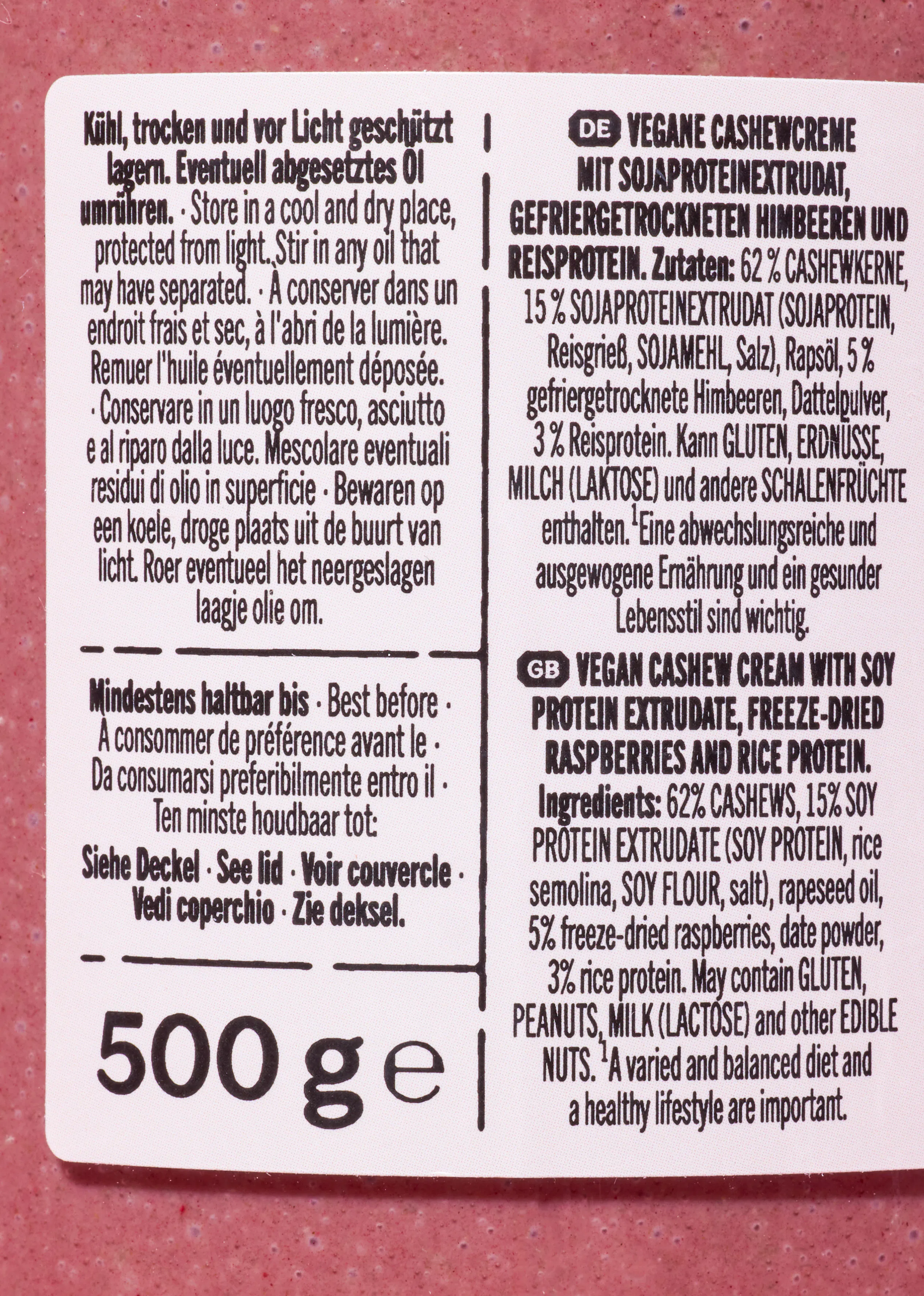 Vegansk crunchy proteinkräm, cashew & hallon 6 x 500 g