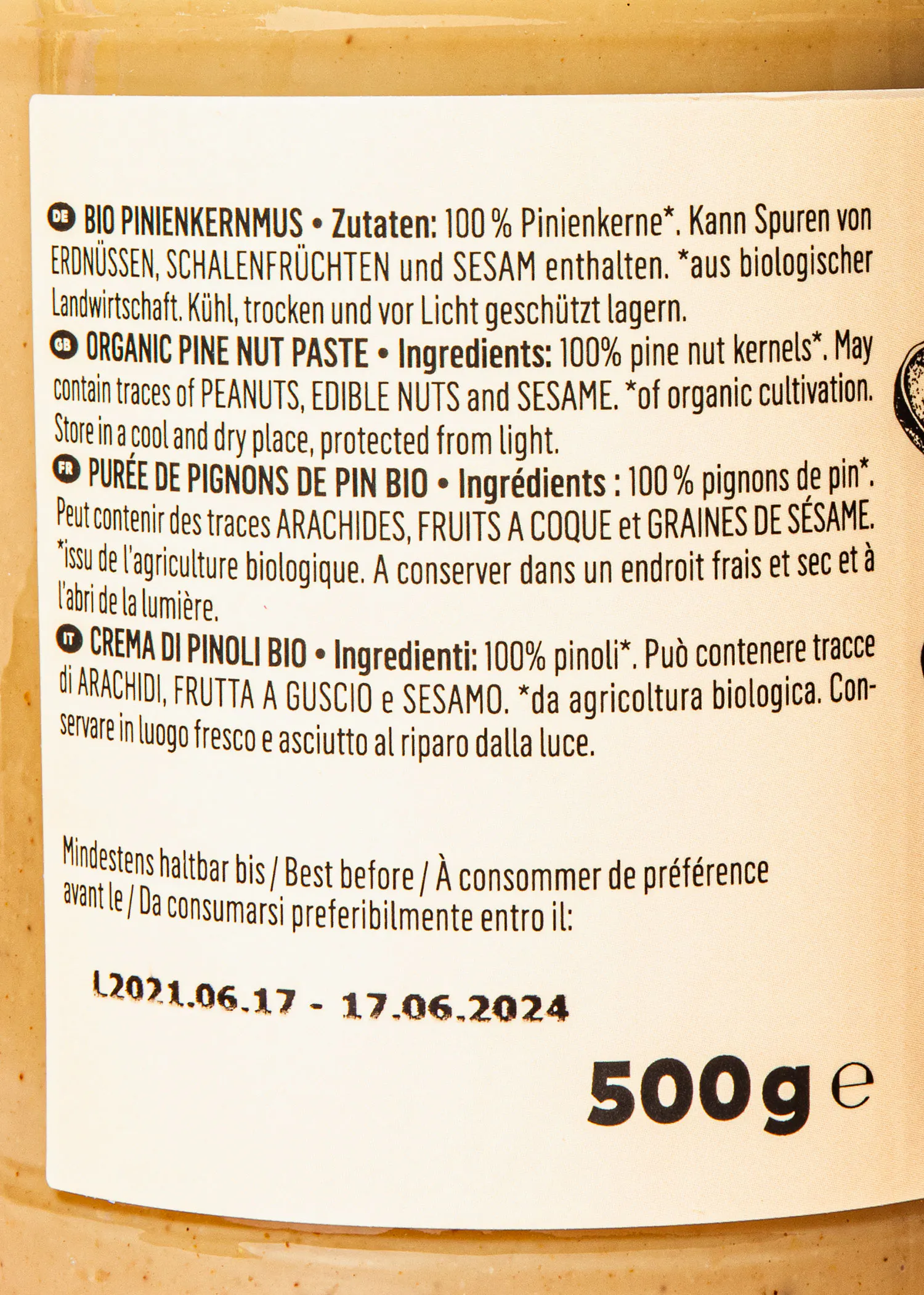 the back of a 500g container of organic pine nut paste