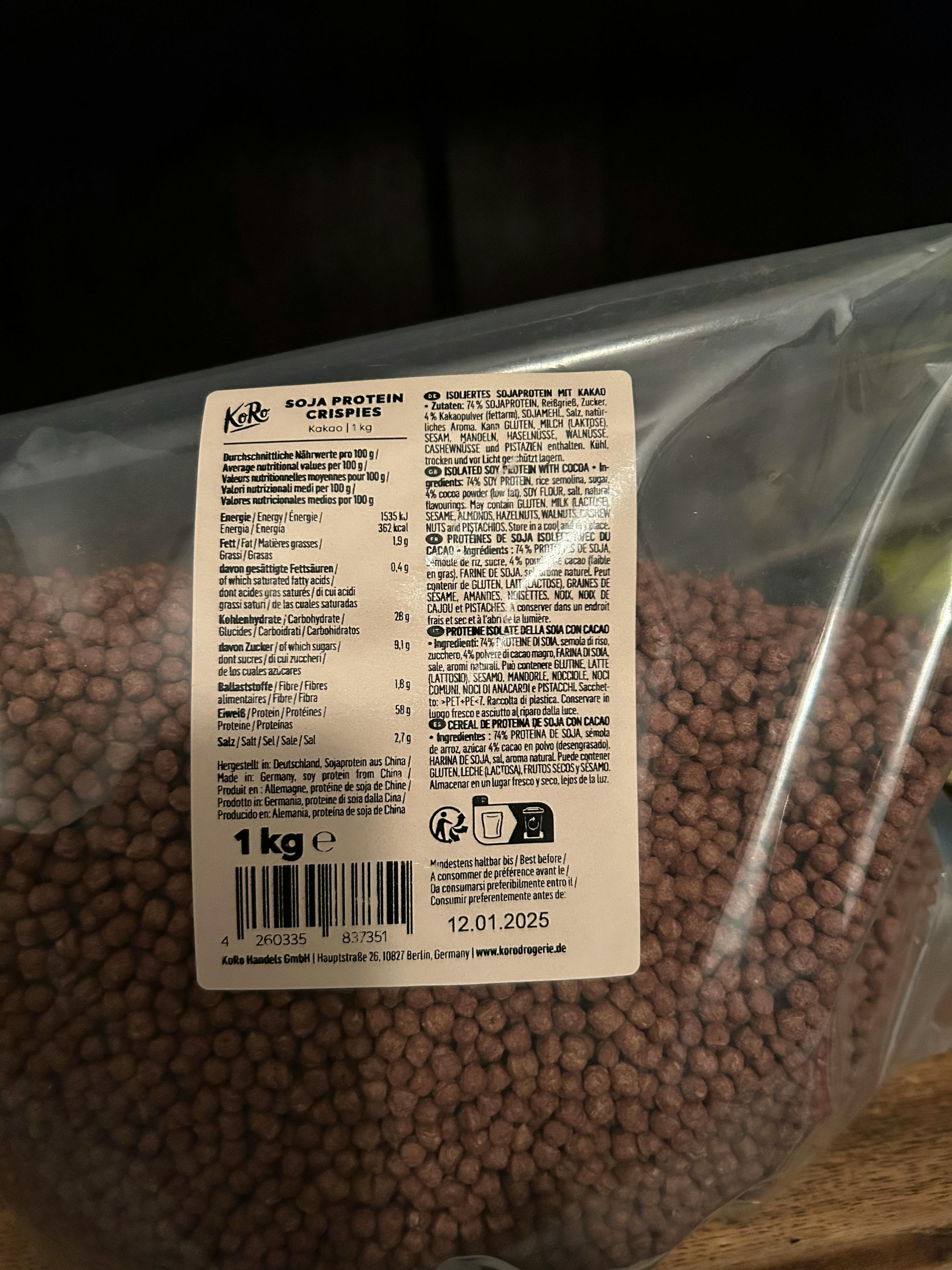 KoRo - Soja crispies (58 %) au cacao 1 kg : : Epicerie