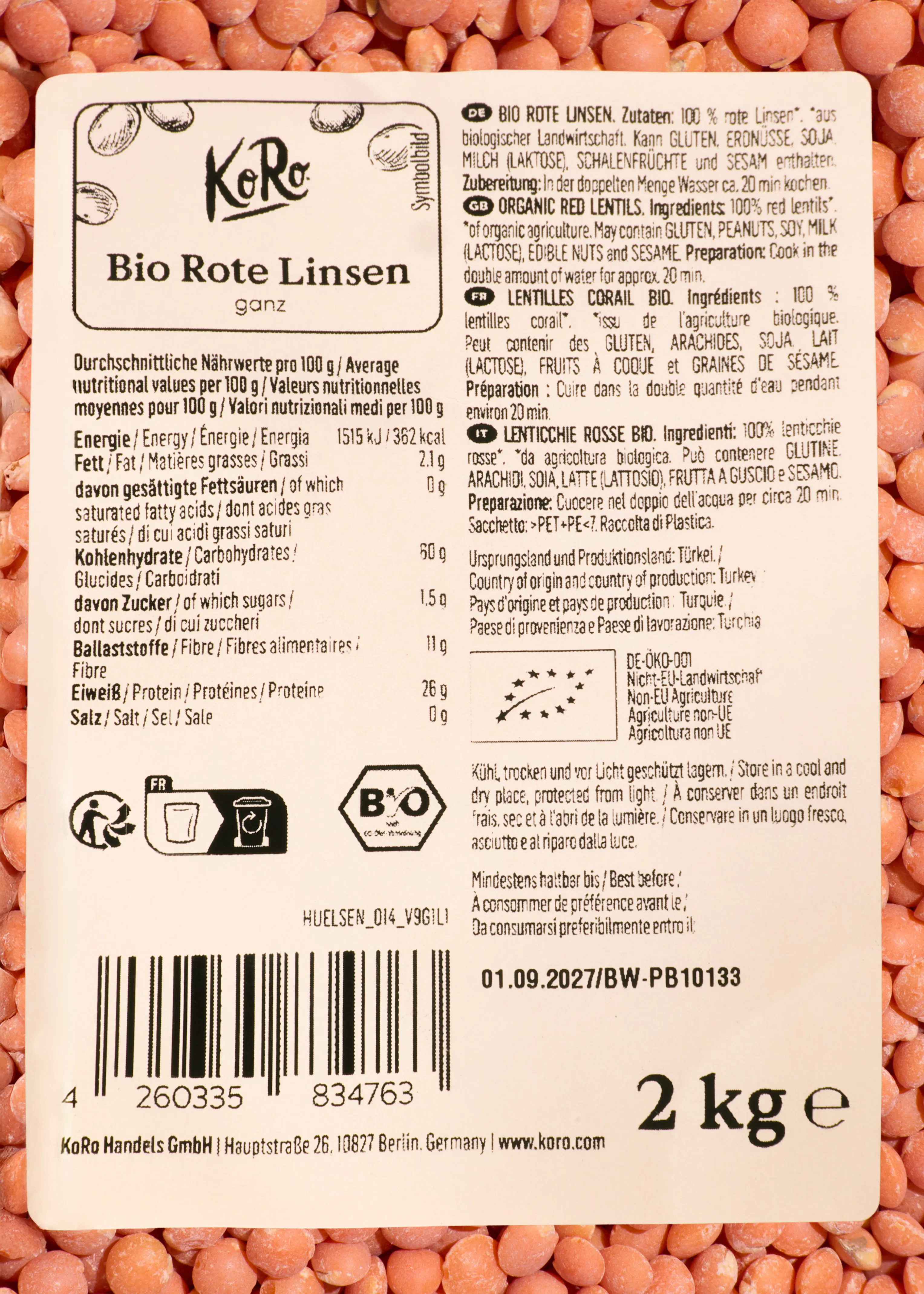 étiquette de produit pour 2 kg de lentilles corail bio de la marque koro, avec les informations nutritionnelles, les ingrédients multilingues, le code-barres et la date de péremption.