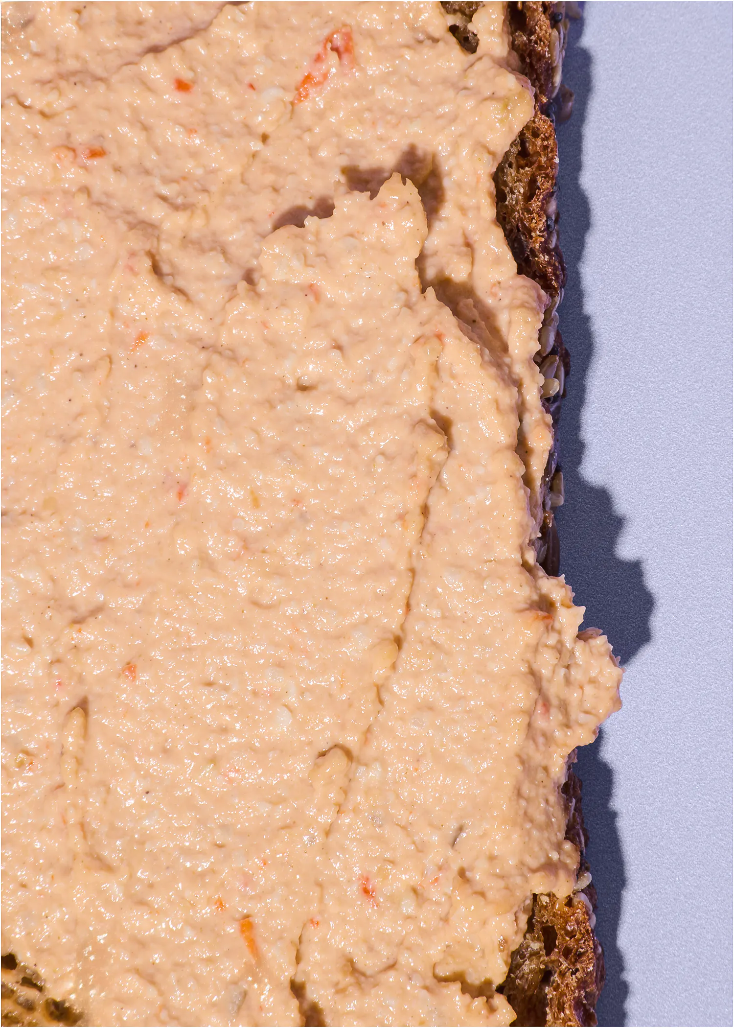 gros plan sur une tartine recouverte d'une fine couche de rillettes de poisson orangées.